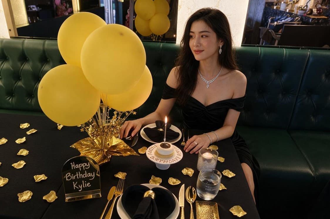 A birthday table dressed with gold balloons, a mirror board, and a lit candle on the dessert